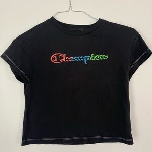 Big Girls Champion Short Sleeved T shirt Large (14).Black with Rainbow monogram